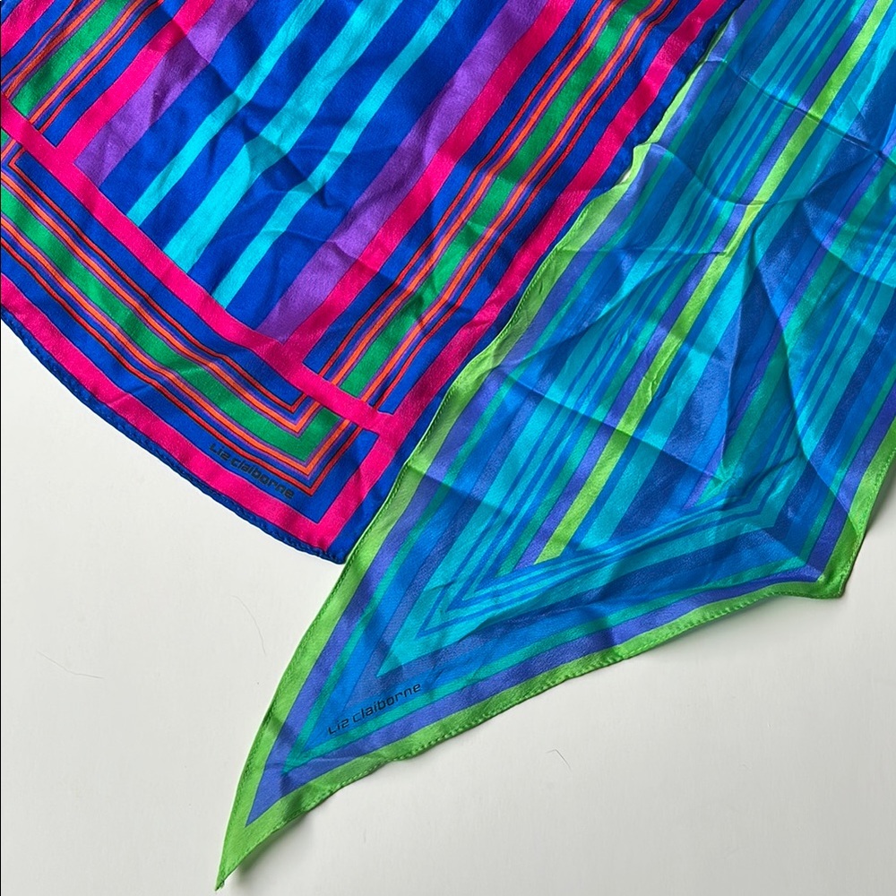 2 Liz Claiborne silk neck scarves jewel tone stripes